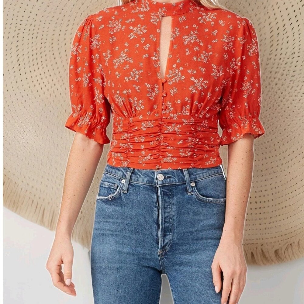 Auguste Women's Boho Persimmon Floral Ruched Keyhole Blouse – Size 4